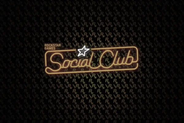Neon tabela tarzı logoda Rockstar Games Social Club yazıyor ve üzerinde bir yıldız var. Arka plan siyahtır ve tekrar eden gri R* Rockstar Games logoları ile desenlenmiştir.