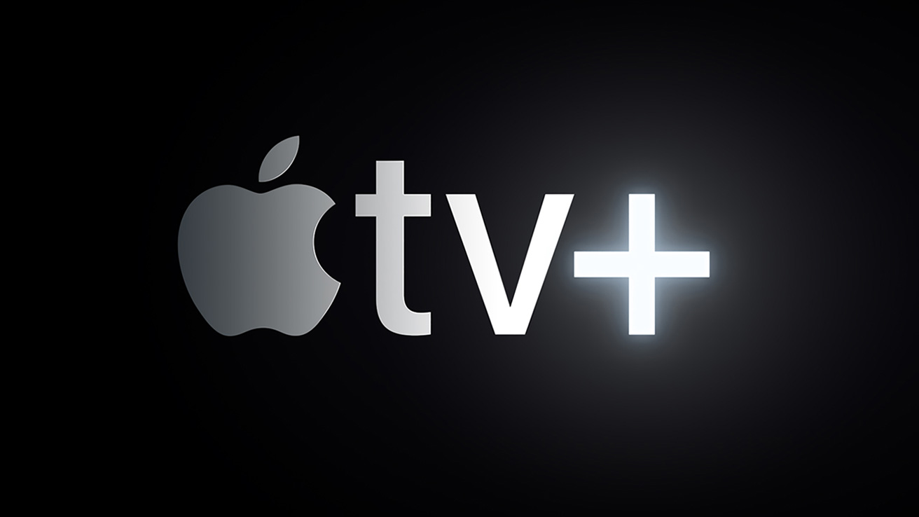 Siyah arka plan üzerinde Apple TV+ logosu, Apple logosunun ardından tv harfleri ve parlayan bir artı işareti yer alıyor.