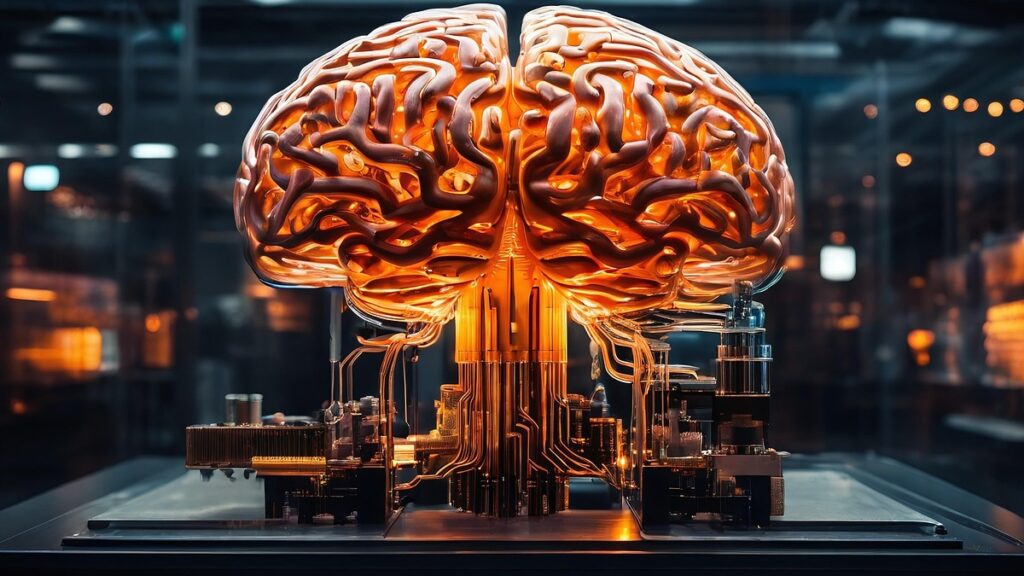 isvicre-acik-kaynak-yapay-zeka-modeli-2 Turuncu ve altın devrelerden oluşan parlayan, stilize bir beyin, yapay zeka ve nörobilimi temsil etmek üzere organik ve teknolojik unsurları harmanlayan fütüristik bir laboratuvarda sergileniyor.