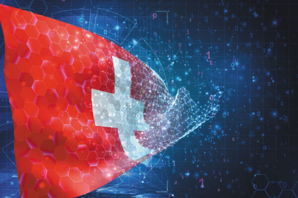 İsviçre'de teknoloji veya siber güvenliği simgeleyen, altıgen desenler ve ikili kodla kaplanmış, kırmızı zemin üzerine beyaz haçlı İsviçre bayrağının dijital illüstrasyonu.