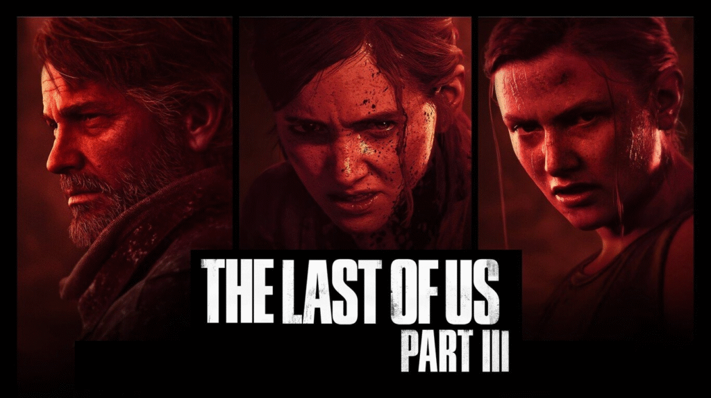 The Last of Us Part III'ten üç yoğun karakter portresi, dramatik kırmızı ışıklandırma ile gösteriliyor ve siyah bir arka plan üzerinde kalın beyaz oyun başlığının üzerinde ortalanıyor.