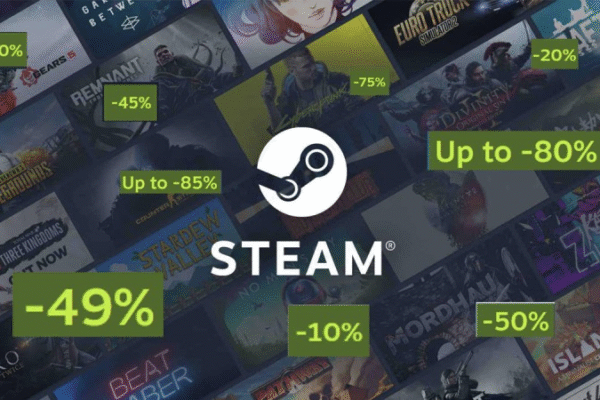Ortada Steam logosunu gösteren, çeşitli video oyunu kapakları ve -%40, -%49, -%75 ve -%85'e varan yüzdeleri gösteren yeşil indirim etiketleri ile çevrili Steam indirimi promosyon görseli.