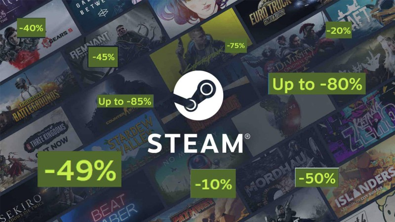 Ortada Steam logosunu gösteren, çeşitli video oyunu kapakları ve -%40, -%49, -%75 ve -%85'e varan yüzdeleri gösteren yeşil indirim etiketleri ile çevrili Steam indirimi promosyon görseli.