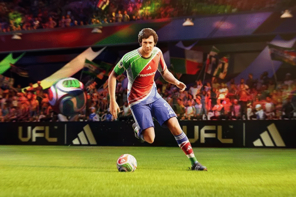Renkli formalı bir futbolcu, arka planda canlı bir kalabalık ve pankartların olduğu bir maç sırasında parlak ışıklı bir sahada top sürüyor. Stadyum duvarı boyunca UFL logoları görülüyor.