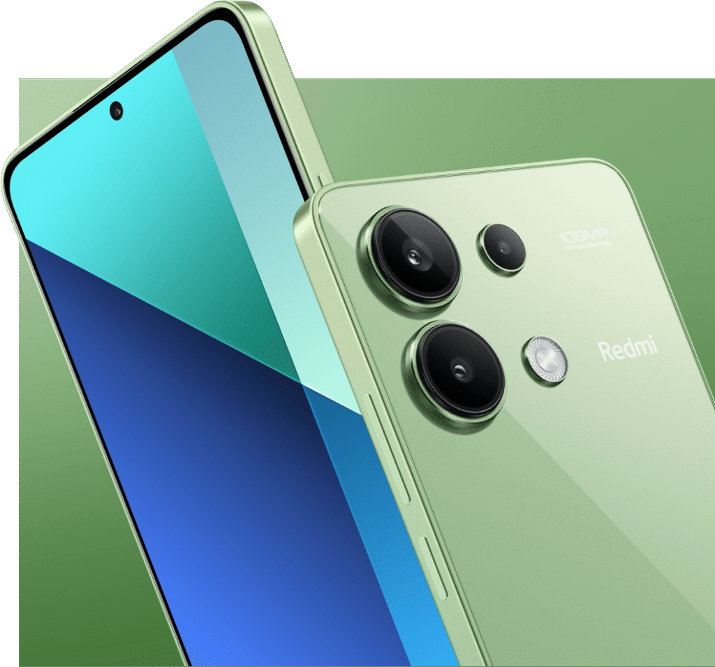 Yeşil bir Redmi akıllı telefon, yeşil bir arka plan üzerinde ön ekranı ve üç kamera lensi ve 108MP etiketli arka kısmı vurgulanarak iki açıdan gösteriliyor.