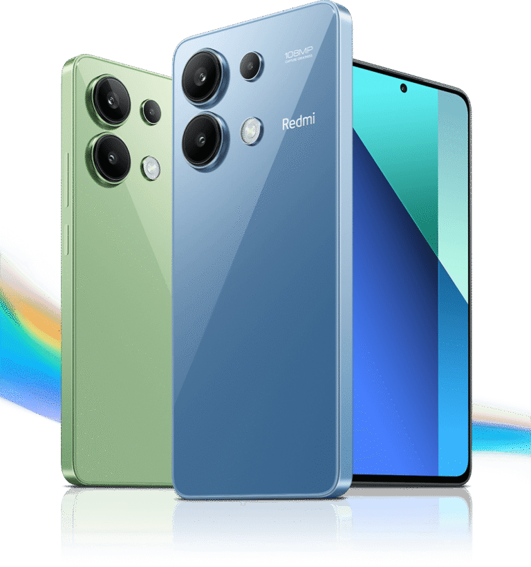 Biri yeşil diğeri mavi olmak üzere iki akıllı telefon gösteriliyor. Mavi telefon üçlü kamera ve Redmi markasıyla arka tarafı gösterirken, yeşil telefon açılıdır. Ekranlar büyük ve çerçevesiz.