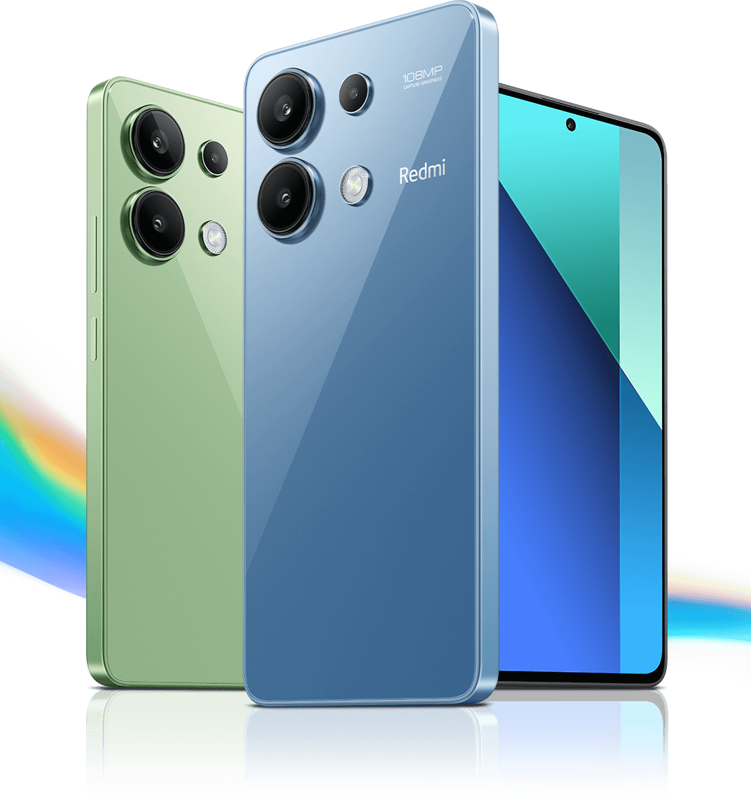 Biri yeşil diğeri mavi olmak üzere iki akıllı telefon gösteriliyor. Mavi telefon üçlü kamera ve Redmi markasıyla arka tarafı gösterirken, yeşil telefon açılıdır. Ekranlar büyük ve çerçevesiz.