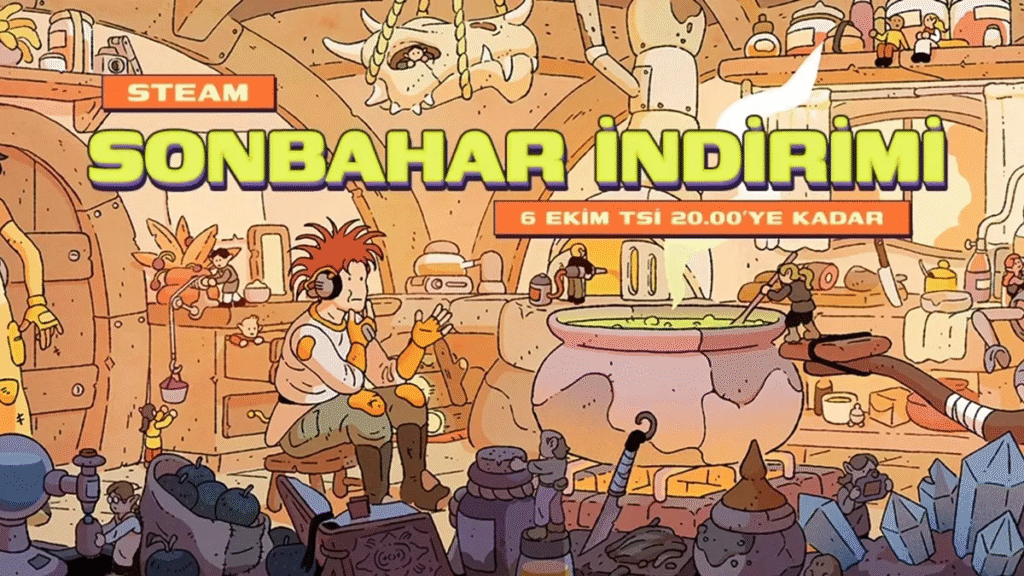 Büyük fokurdayan bir kazanın bulunduğu karmaşık bir fantezi mutfağında bir insan ve bir kedinin renkli, karikatür tarzı sahnesi. Türkçe metin, 6 Ekim saat 20:00'de sona erecek bir Steam sonbahar indiriminin reklamını yapıyor.